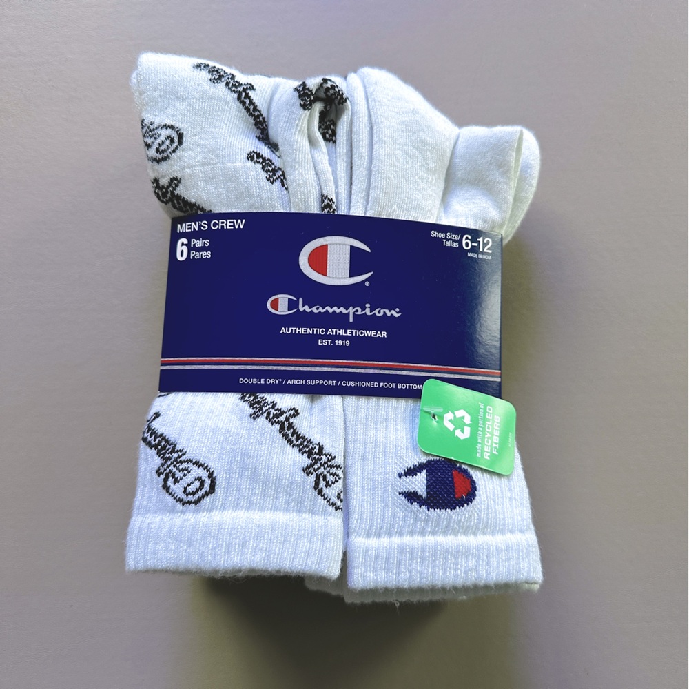 6x Champion Men’s Double Dry Moisture Wicking Logo Pack Crew Socks White 6-12
